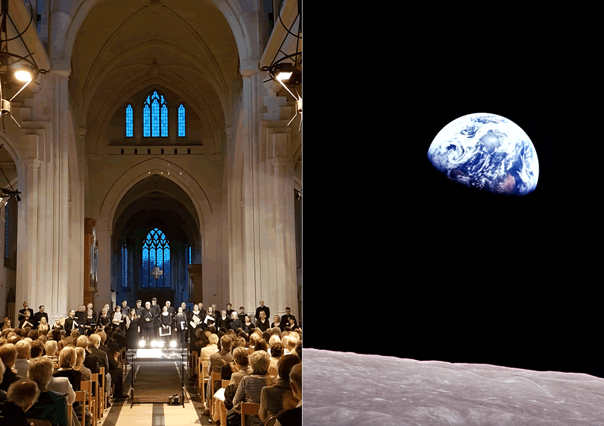 Photo credit: Ex Cathedra / NASA (Bill Anders) filled cathedral on half page, with a view of earth from a spaceship in the other half