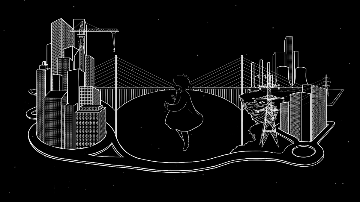 Still from Eilidh Nicoll's animation for 'Take Care In Your Stride' A line drawing of a young girl dancing in the middle of a cityscape