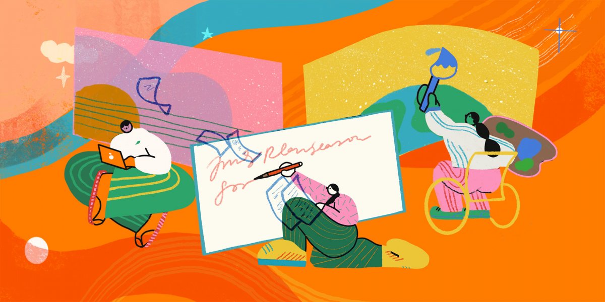 Illustration by Lily Kong, 2020. A scene depicting three illustrated characters doing various creative work: composing a song, writing a text, and painting a pictiure.
