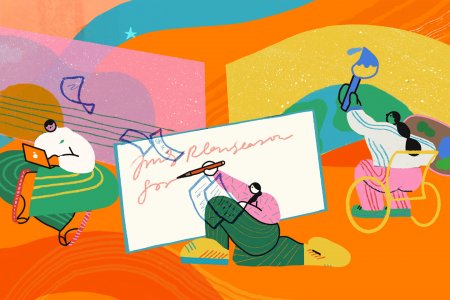 A scene depicting three illustrated characters doing various creative work: composing a song, writing a text, and painting a pictiure.