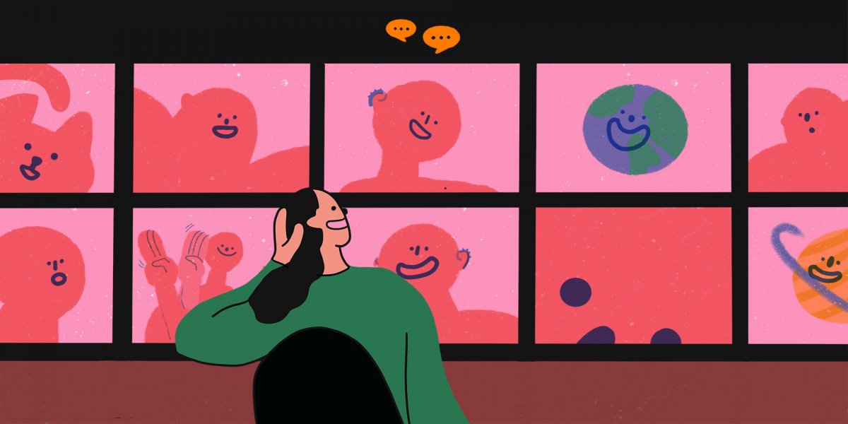 Illustration by Lily Kong, 2020. An illustrated scene shows a person reclining in a chair while looking at a giant video-calling screen.