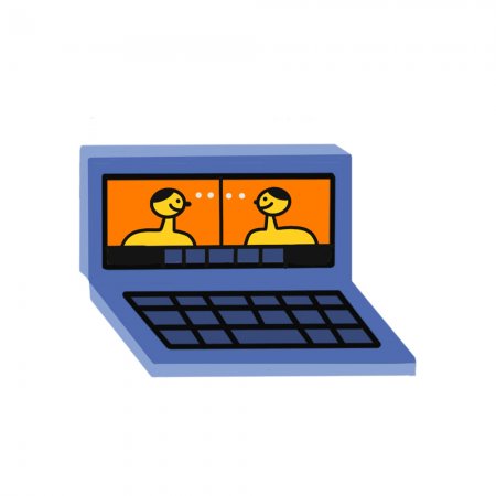 An illustrated laptop, on which we can see two figures having a video call,