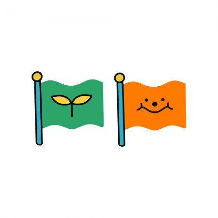 Two illustrated flags - the first is green and shows a small sprouting plant, the second is orange and shows a smiley face.