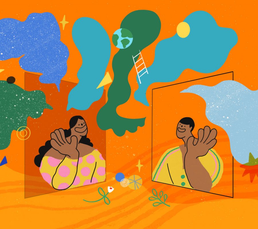 An illustrated scene in which two cheerful figures wave at each other from their respective screens. Around them is a brightly coloured collage of speech bubbles and abstract shapes.
