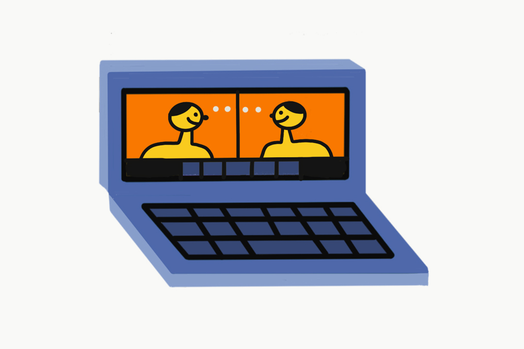  An illustrated laptop, on which we can see two figures having a video call,