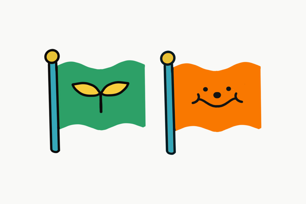  Two illustrated flags - the first is green and shows a small sprouting plant, the second is orange and shows a smiley face.