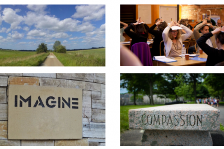 Four images as tiles. From top left: a road running through a field; people sitting at tables with hands on their heads; The word compassion written on a stone bench; The word Imagine on a wooden board